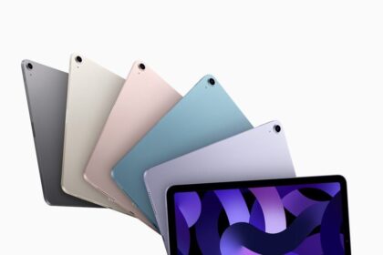 An iPad Air in space gray, starlight, pink, blue, and purple.,