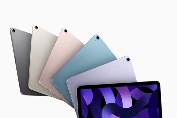 An iPad Air in space gray, starlight, pink, blue, and purple.,