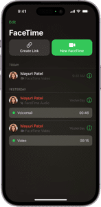 The screen for initiating a FaceTime call, showing the Create Link button and the New FaceTime button for starting a FaceTime call.  