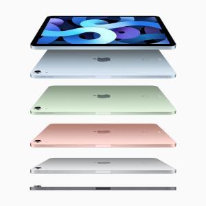 iPad Air (4th generation) in sky blue, green, rose gold, silver, and space grey.