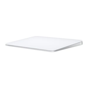 Magic Trackpad in White showing its large edge-to-edge glass surface area for easier scrolling and swiping.  