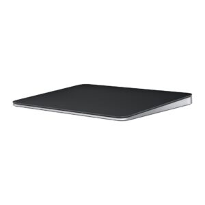 Magic Trackpad in Black showing its large edge-to-edge glass surface area for easier scrolling and swiping.  