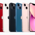 iPhone 13 lineup in (PRODUCT)RED, starlight, midnight, blue, and pink.