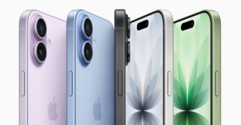 Multiple iPhone 17 devices shown upright and featuring the full color lineup: lavender, mist blue, sage, white, and black.