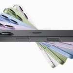 Multiple iPhone 17 devices shown from the side and featuring the full color lineup: lavender, mist blue, sage, white, and black.