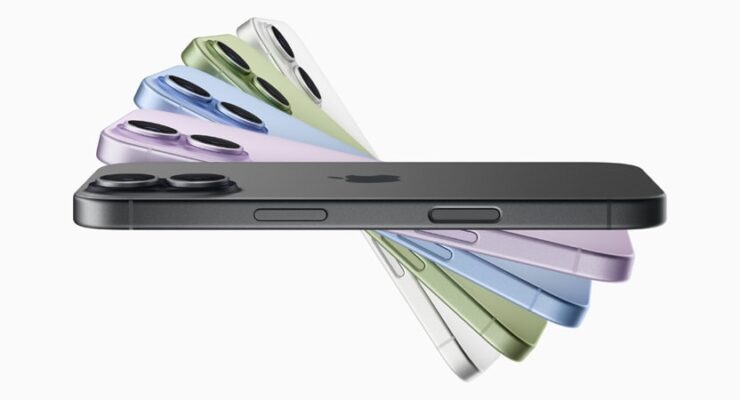 Multiple iPhone 17 devices shown from the side and featuring the full color lineup: lavender, mist blue, sage, white, and black.