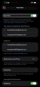 Screenshot showing FaceTime settings on iPhone