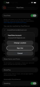 Screenshot showing FaceTime sign out screen on iPhone