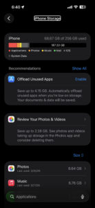 iPhone storage screen showing available storage space