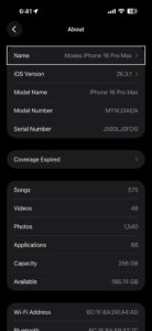 About settings on iPhone showing model name