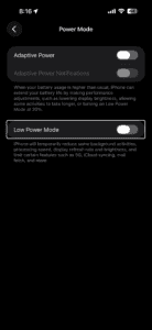 Screenshot showing Low Power Mode settings on iPhone