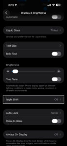 Screenshot showing Night Shift settings on iPhone