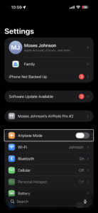 Screenshot showing airplane mode setting on iPhone